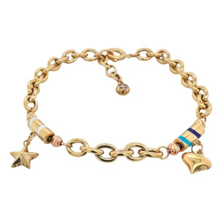 14k Yellow Gold charm bracelet for ladies and women with star and heart charms and enamel work.