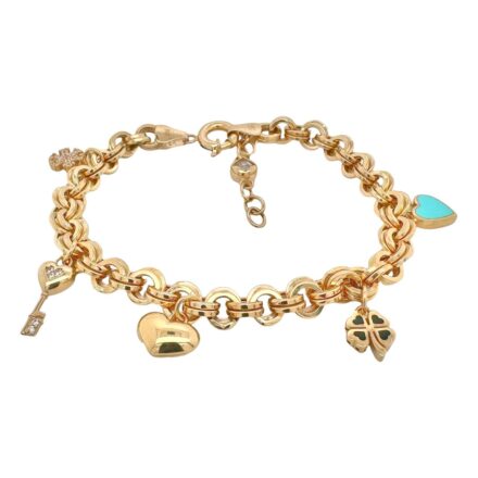 14k yellow gold stone set charm bracelet with snow flake, key heart, heart, clover and heart enamel color. Ladies and womens bracelet in 7.5 inches.