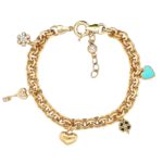 14k yellow gold stone set charm bracelet with snow flake, key heart, heart, clover and heart enamel color. Ladies and womens bracelet in 7.5 inches.