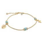 14k yellow gold charm bracelet for women with turquoise details and leaf & dove charm.