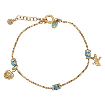 14k yellow gold charm bracelet for women with turquoise details and leaf & dove charm.