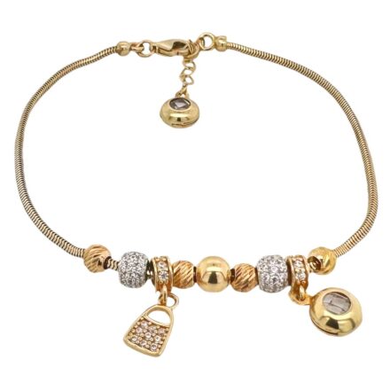 14k Yellow gold Charm bracelet with a bag and stone charm for women and ladies solid snake chain.