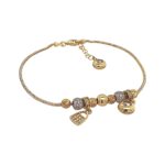 14k yellow gold solid charm bracelet for women with charms and cubic zirconia stones.