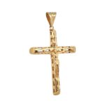 9k yellow gold solid cross pendant with patterned style for men large size.