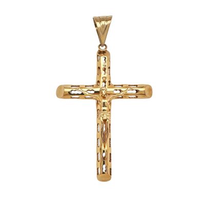 9k yellow gold solid cross pendant with patterned style for men large size.