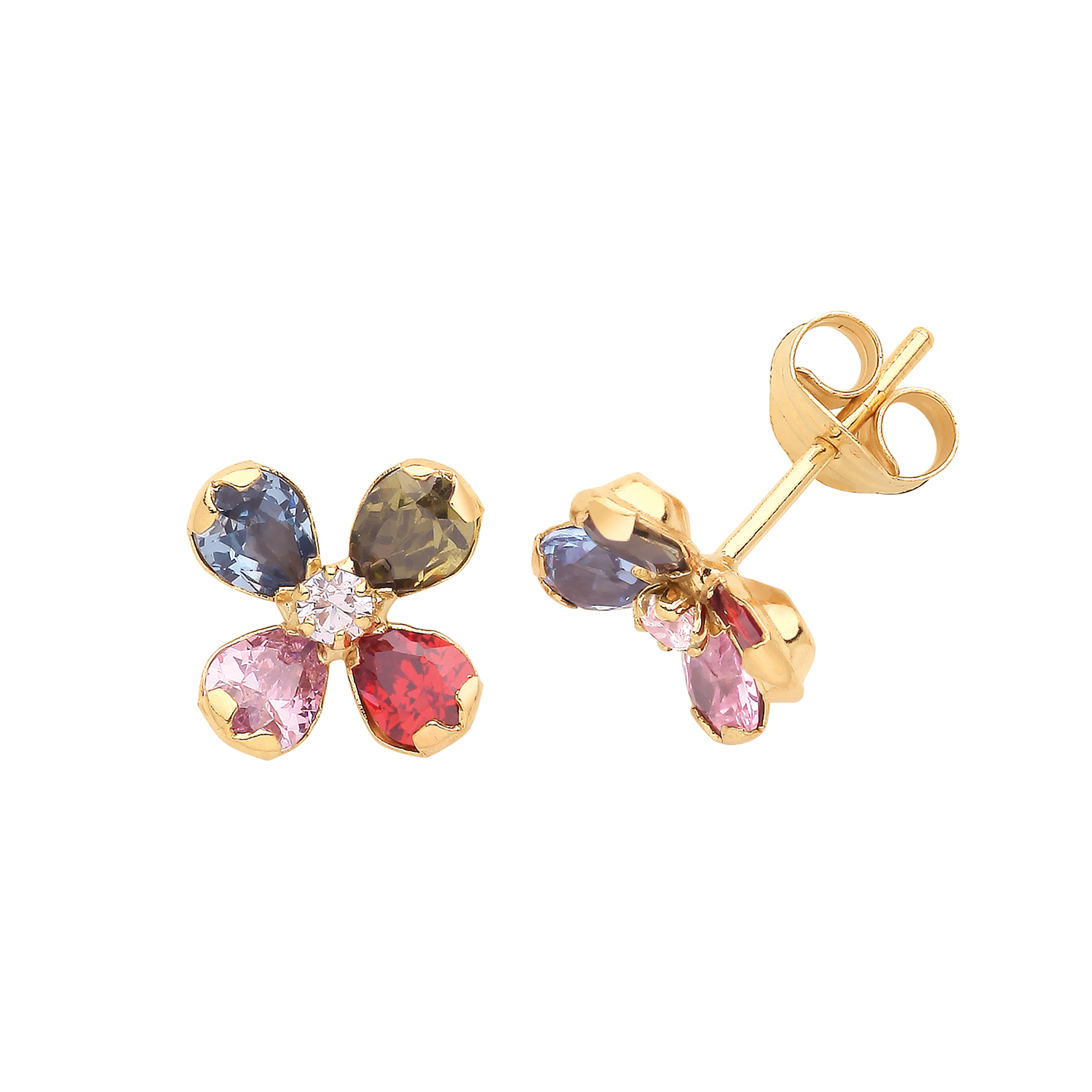 9k Yellow Gold Multi Colored Stud Earrings - Flower Design - Image 1