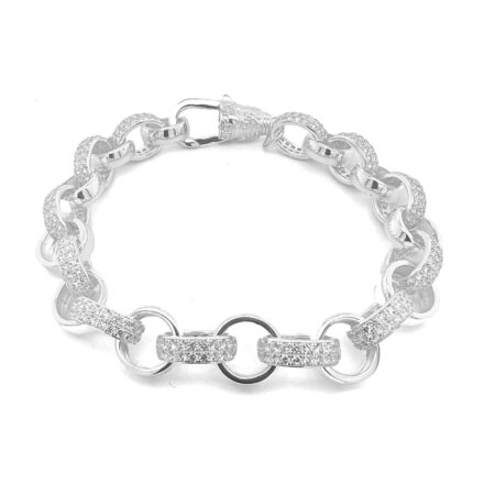 925 sterling silver Belcher bracelet with cz cubic zirconia stones 11 mm wide plain and stones set links.