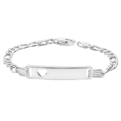 925 sterling silver figaro ID bracelet with a cut out heart tag.