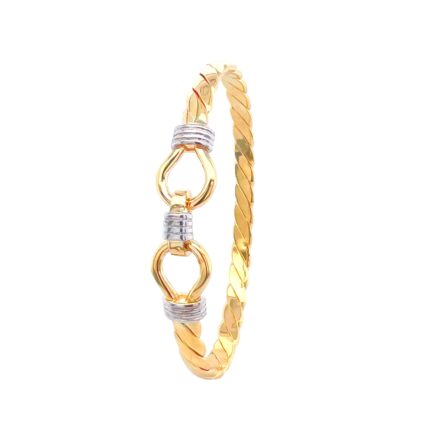 9k Yellow Gold double hook kids bangle with intricate details.
