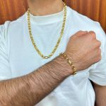 9k yellow gold solid gypsy link bracelet and chain combo 8 mm wide for men and women all lengths.