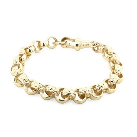 9k yellow gold solid belcher bracelet for kids women and men with patterned links 6 mm wide.