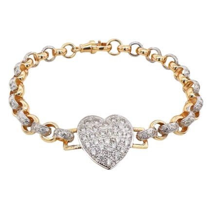 9k yellow gold solid heart belcher bracelet with cubic zirconia stones. The belcher is for kid children and ladies with stone set links.