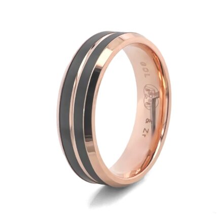 9k Rose Gold and 18k Rose Gold with Two Zirconium Lines Wedding Band Ring.