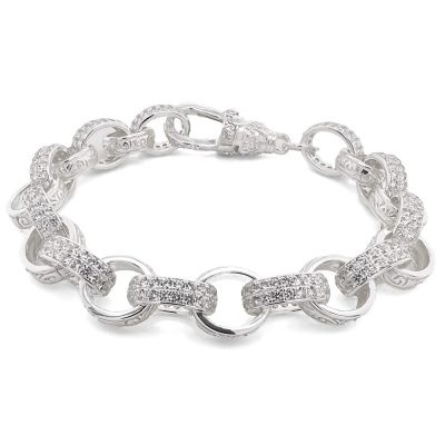 Sterling Silver Patterned and Stones set Belcher bracelet solid hallmarked.