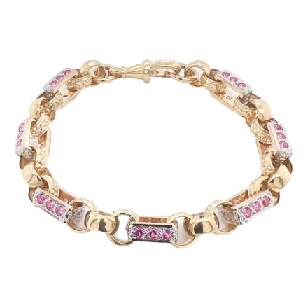 Pink Stones Gypsy link Belcher bracelet in 10 mm.