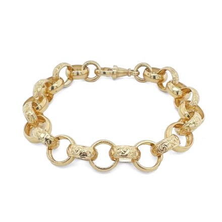 9k Yellow Gold Belcher bracelet solid links 11 mm wide with patterned and plain links.