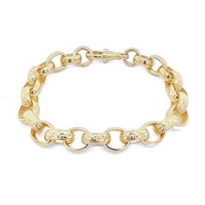 9k Yellow gold solid belcher bracelet in 9 mm widht with patterned and plain links UK made.