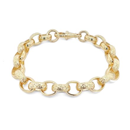 9k Yellow gold solid belcher bracelet in 9 mm widht with patterned and plain links UK made.