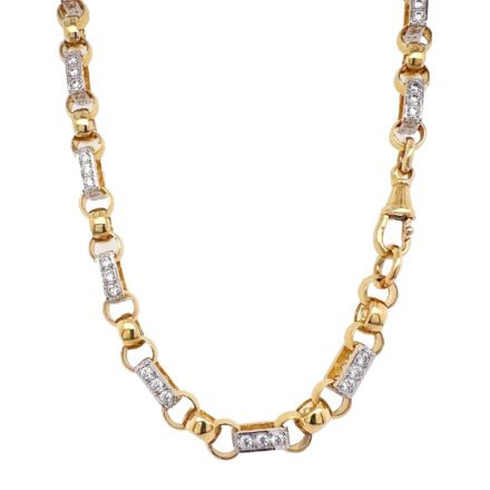 9k Yellow Gold Gypsy link belcher chain 8 mm wide, solid links with cubic zirconia stones.