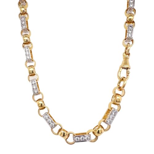 9k Yellow Gold Gypsy link belcher chain 8 mm wide, solid links with cubic zirconia stones.