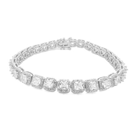 Cubic Zirconia set tennis bracelet with round and square shaped stones cluster style unisex.
