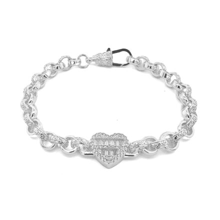 925 Sterling silver heart belcher bracelet with plain and patterned links.