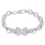 925 Sterling SIlver Stones Set Butterfly Belcher bracelet 13 mm wide, cubic zirconia stones.