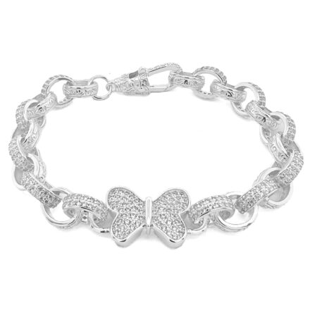 925 Sterling SIlver Stones Set Butterfly Belcher bracelet 13 mm wide, cubic zirconia stones.