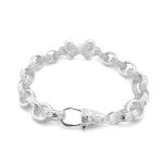 925 sterling silver belcher bracelet with butterfly stone set with cubic zirconia stones. 13 mm wide with patterned and stone set links.