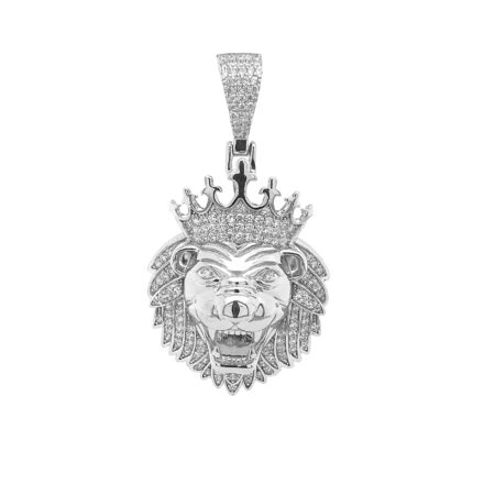 925 sterling silver Lion with crown pendant iced out with cubic zirconia stones.