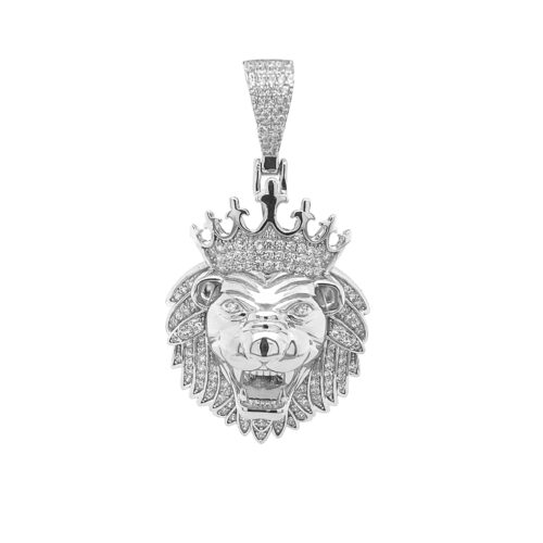 925 sterling silver Lion with crown pendant iced out with cubic zirconia stones.