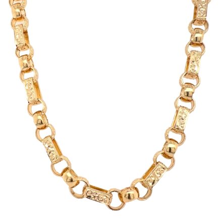 9k yellow gold gypsy link patterned and plain belcher chain. 8 mm wide and solid links.