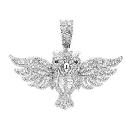 925 sterling silver fully iced out with baguette stones Owl Pendant.