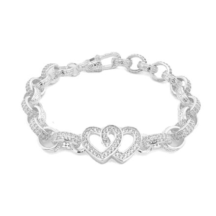 925 sterling silver double heart belcher bracelet with plain and stone set links.