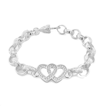 925 sterling silver double heart belcher bracelet with plain and patterned links.