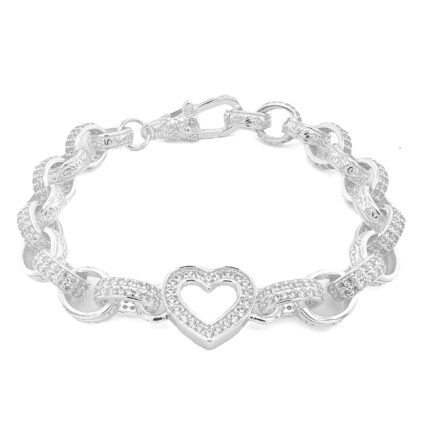 Stone set with patterned links Open heart belcher bracelet for women and kids, children.