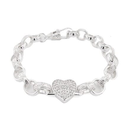 925 sterling silver solid heart belcher bracelet womens and kids size with stones.
