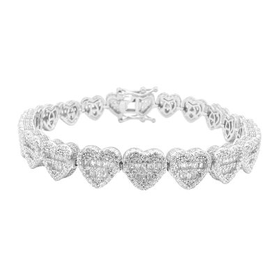 925 sterling silver heart shaped tennis bracelet with baguette stones.