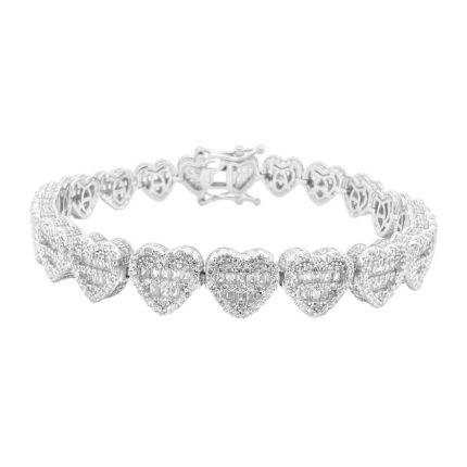 925 sterling silver heart shaped tennis bracelet with baguette stones.