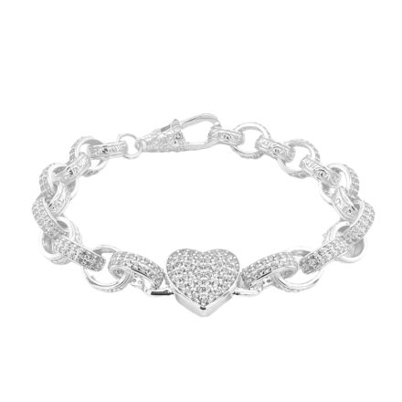 925 sterling silver solid heart belcher bracelet with patterned and plain links.
