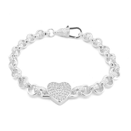 Solid Heart belcher bracelet in 11 mm width with cubic zirconia stones.