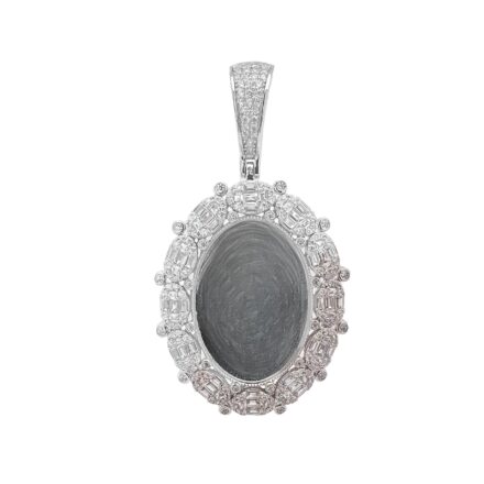 925 sterling silver Oval shaped picture pendant with baguette and round cubic zirconia stones.