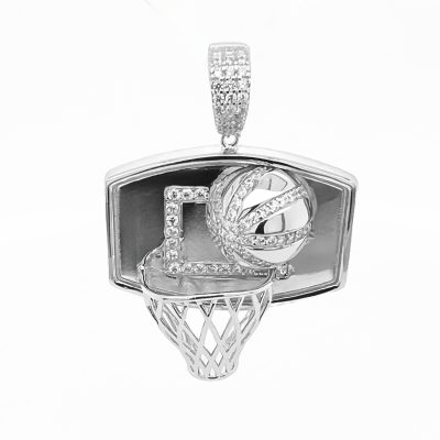 925 sterling silver Basketball Backboard, hoop and net pendant with cubic zirconia stones.