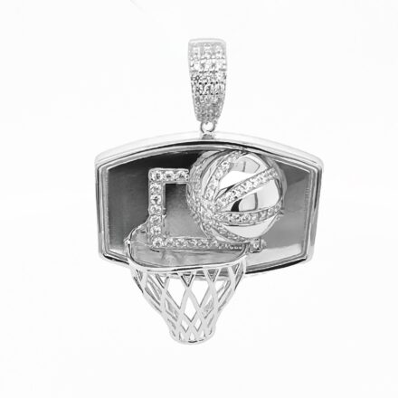 925 sterling silver Basketball Backboard, hoop and net pendant with cubic zirconia stones.