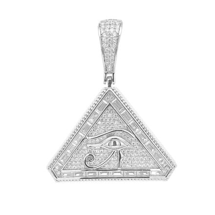 925 sterling silver pyramid pendant with eye of ra in the center and set with baguette cubic zirconia stones cz.