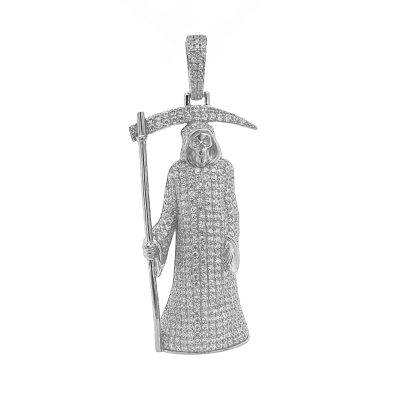 925 sterling silver Grim Reaper pendant fully iced out with cubic zirconia stones.