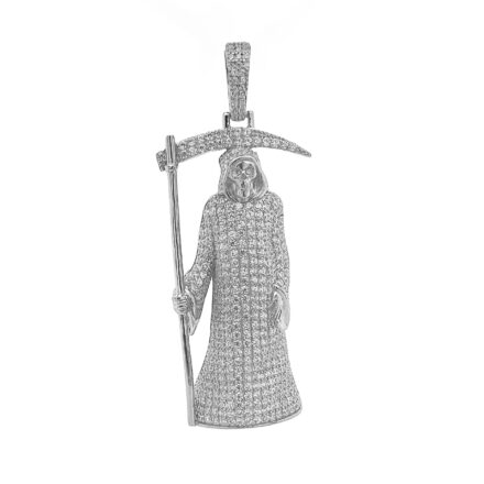 925 sterling silver Grim Reaper pendant fully iced out with cubic zirconia stones.
