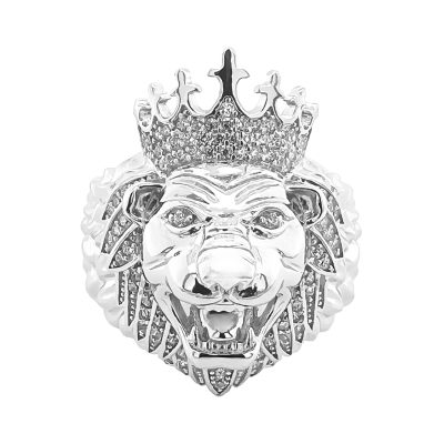 925 sterling silver Lion head ring with cz stones and crown on top.