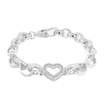 925 sterling silver belcher bracelet open heart with patterned and plain links solid uk hallmarked.