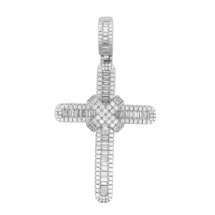925 sterling silver iced out baguette cross pendant with cross over design.